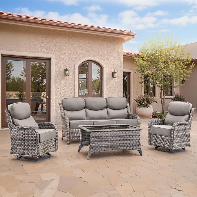 Swivel Patio Chairs sofa Set of 4 with 6" Thick Cushion - Wicker Outdoor Swivel Rocker Patio Chair ,Sofa/Glass coffee table, High Back Comfortable Outdoor Glider Chairs - Grey Wicker | Grey Cushions