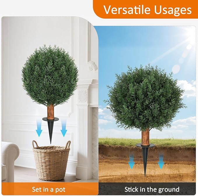 Artificial Cedar Shrubs Ball Trees with Ground Spike, 24.6 inche Tall UV-Resistant Fake Outdoor Plants Evergreen Trees, Realistic Faux Pine Bushes for Front Porch Home Patio Garden, 1 Pcs