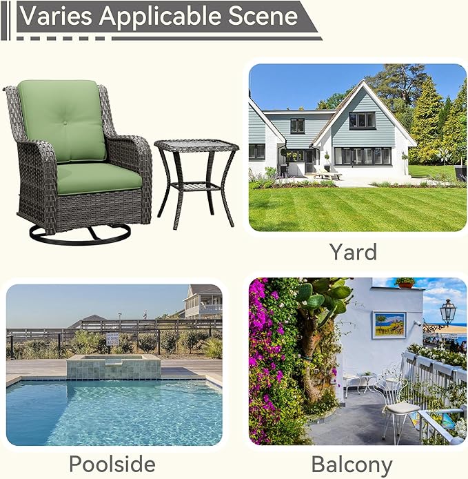 2 Pieces Outdoor Swivel Rocker Patio Chairs Set - Outdoor Wicker Patio Conversation Sets with 1 Side Table, Olefin Fabric Cushions Suitable for Backyard Deck and Porch, Green