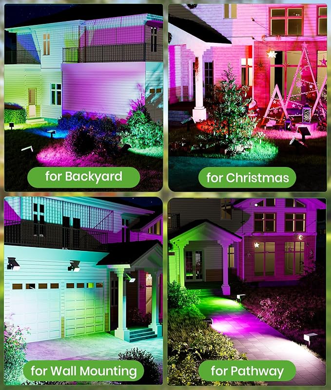 Solar Spot Lights Outdoor, 58 LED 8 Color Modes Solar Lights Outdoor, Multicolor RGB Flood Light Waterproof IP67, 2-in-1 Wall Light for Tree Garden Pathway (Multicolor, 2 Pack)