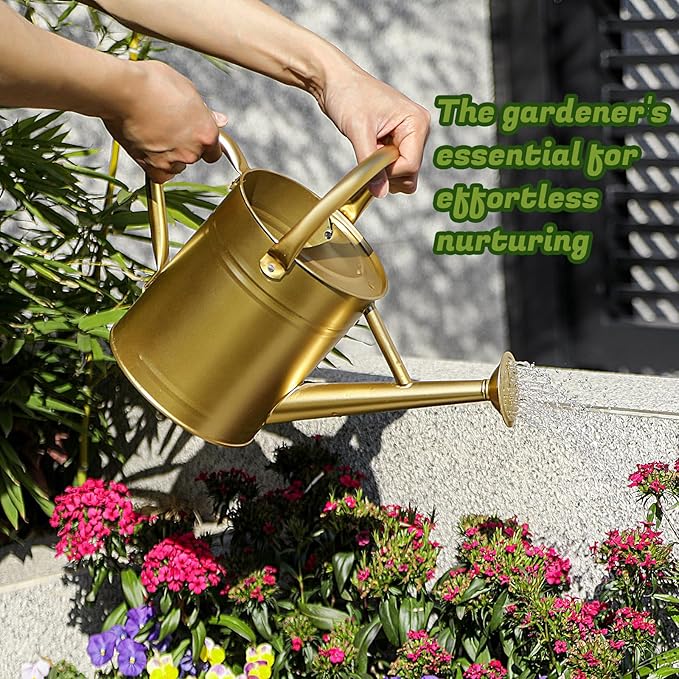 1 Gallon Watering Can for Plants, Watering Cans for Indoor&Outdoor Gardening, Galvanized Steel Watering Pot with Removable Spout, Metal Water Can with Ergonomic Movable Handle(Gold)