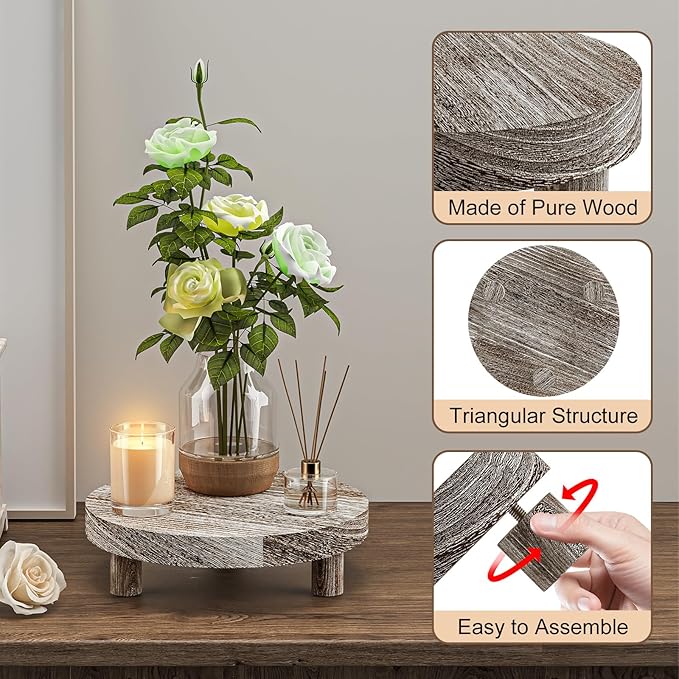 3 Pcs Wood Plant Stand Indoor Outdoor, Round Wood Riser for Decor 6/8/10" Wooden Stool Display Stand Flower Pot Holder Small Planter Tray Modern Potter Decorative (Rustic Grey)