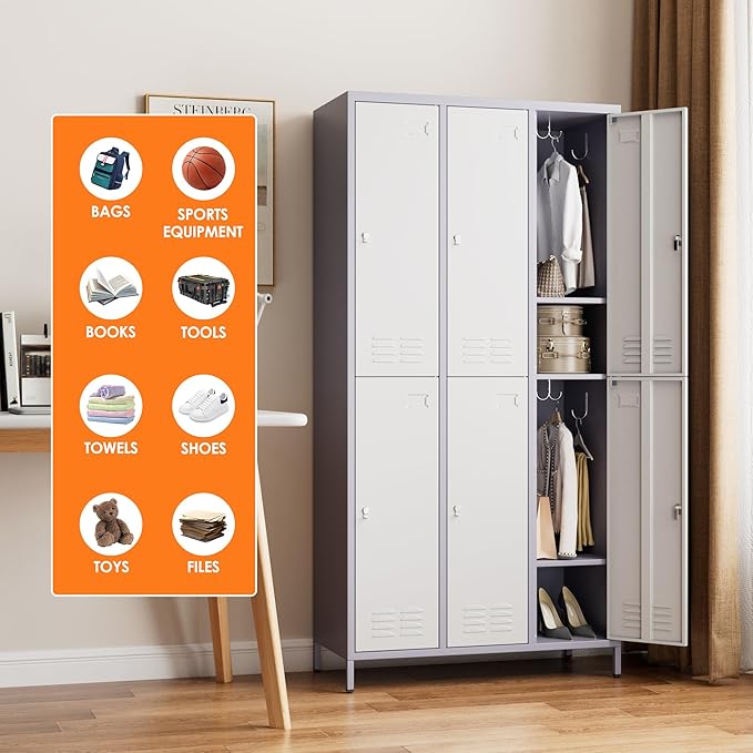METAN Metal Locker for School Office Gym Bedroom,6 Doors Steel Storage Lockers Cabinet for Employees,Industrial Storage with 1 Shelf,Assembly Required,Gray White