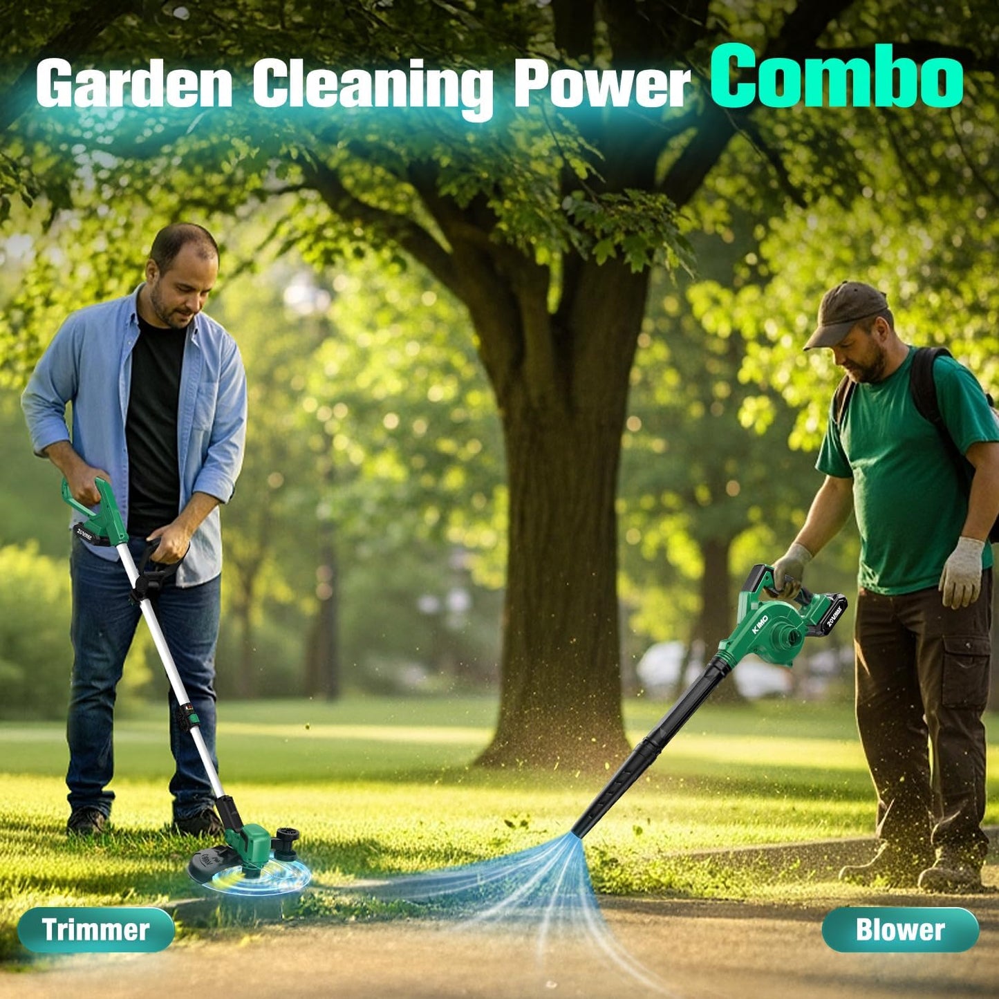 KIMO 20V Weed Wacker and Blower Combo w/2 x 2.0Ah Battery & Charger, 12 Inch String Trimmer w/10Pcs Cutting Lines, 4-in-1 Leaf Blower Cordless w/Vacuum, 3 Nozzles & 20" Extended Tube for Yard, Garden
