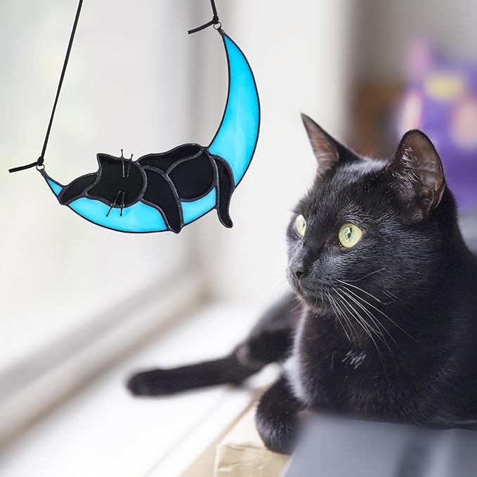 HDCRYSTALGIFTS Black Cat Decor Suncatcher Stained Glass Window Hanging,Handcrafted Kitty Decor Funny for Cat Lovers,Home Decoration for Window Patio Office Living Room Wall