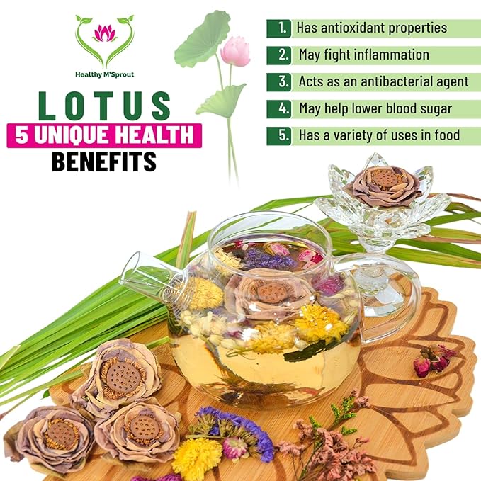 Lotus Flower Tea – Dried Whole Blossom – Antioxidant Rich Herbal Tea for Teapot, Tea Infuser, Tea Cups – Delicious Intense Flavor – No Caffeine, Low Calorie (5 Lotus Packs)