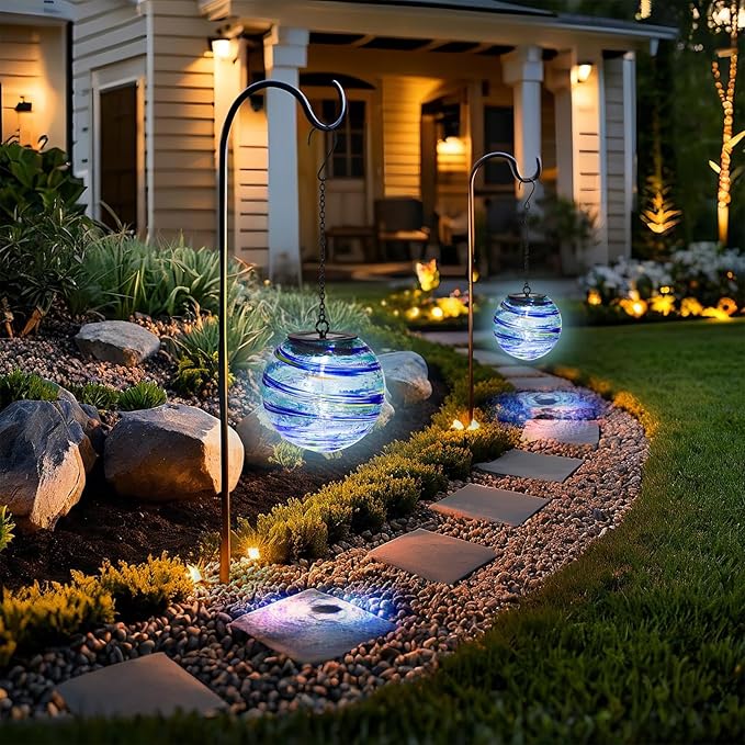 VCUTEKA Solar Chandelier Outdoor, Hanging Glass Solar Light with Hook Up, Garden Lanterns Decor for Yard, Tree and Patio, Starry Blue