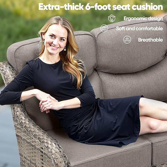 Swivel Patio Chairs sofa Set of 6 - 6" Thick Cushion - Wicker Outdoor Swivel Rocker Patio Chair ,Sofa/Glass coffee table, High Back Comfortable Outdoor Glider Chairs - Grey Wicker | Grey Cushions