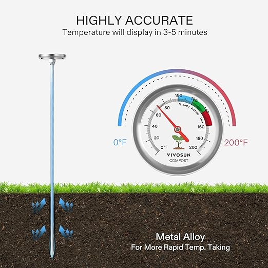 VIVOSUN Compost Thermometer, 20 Inch Backyard Soil Thermometer with Stainless Steel Dial for Composting Bins, Outdoor Gardening and Planting (0-200°F)