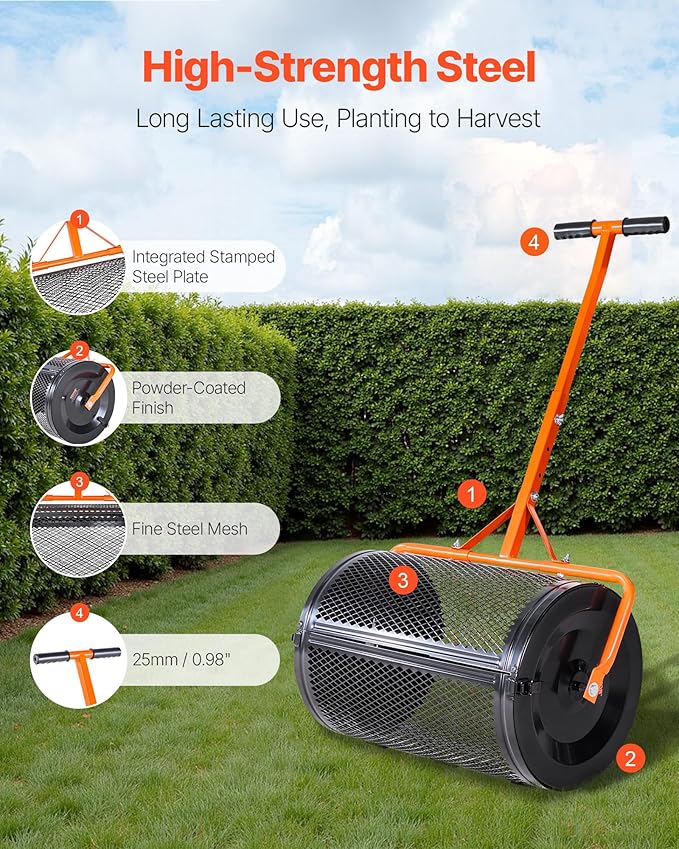 VEVOR Compost Spreader, 24 in Wide Peat Moss Spreader with T Shaped Handle, 3 Heights Adjustable, Powder-Coated Steel Garden Peat Moss Roller, Heavy Duty Grass Seed Spreaders for Planting Seeding