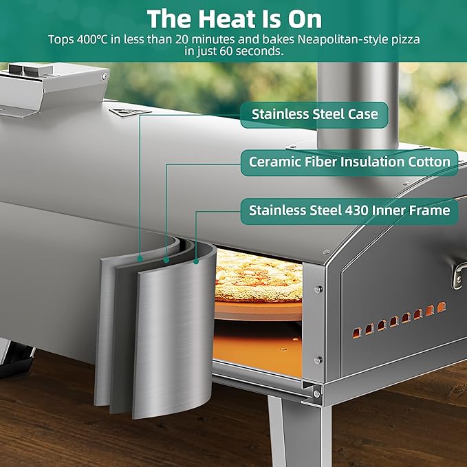 YTIAHOME Multi-Fuel Outdoor Pizza Oven with Rotating, 12" Wood and Gas Fired Pizza Oven with Built-in Thermometer, Dual Fuel Pizza Maker with Peel, Stone, Carry Cover, Recipes for Backyard Camp