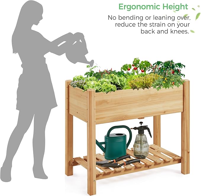 Yaheetech 34x18x30in Horticulture Raised Garden Bed Planter Box with Legs & Storage Shelf Wooden Elevated Vegetable Growing Bed for Flowers, Plants, Backyard, Patio, Balcony, Light Brown