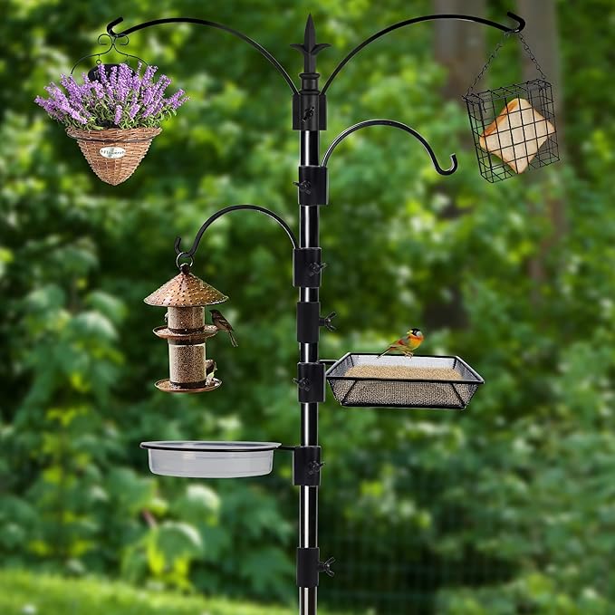 yosager Premium Bird Feeding Station Kit, 90" x 23" Birds Feeder Pole, Planter Hanger, Multi Feeder Hanging Kit with Metal Suet and Bath for Bird Watching, Attracting Wild Birds