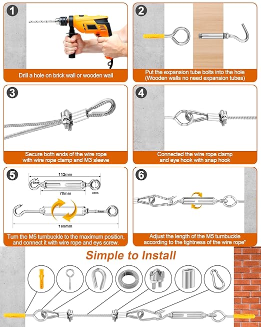 220 FT 1/8" Wire Rope Kit, 304 Stainless Steel Cable with M5 Turnbuckles for Cables Wire, Vinyl Coated String Lights Hanging Wires for Outdoor Camping, Trellis, Garden, Clothes line, Curtain, Festival