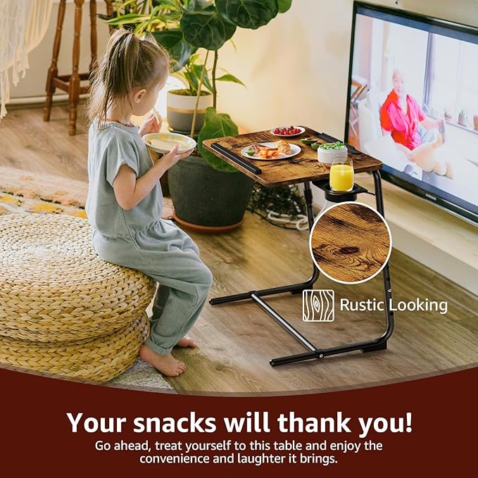 TV Trays Set of 4 - Folding TV Tray Adjustable Dinner Trays for Eating On Couch Wooden Tables Mate Stand Foldable Rustic Desk with Cup Holder Portable