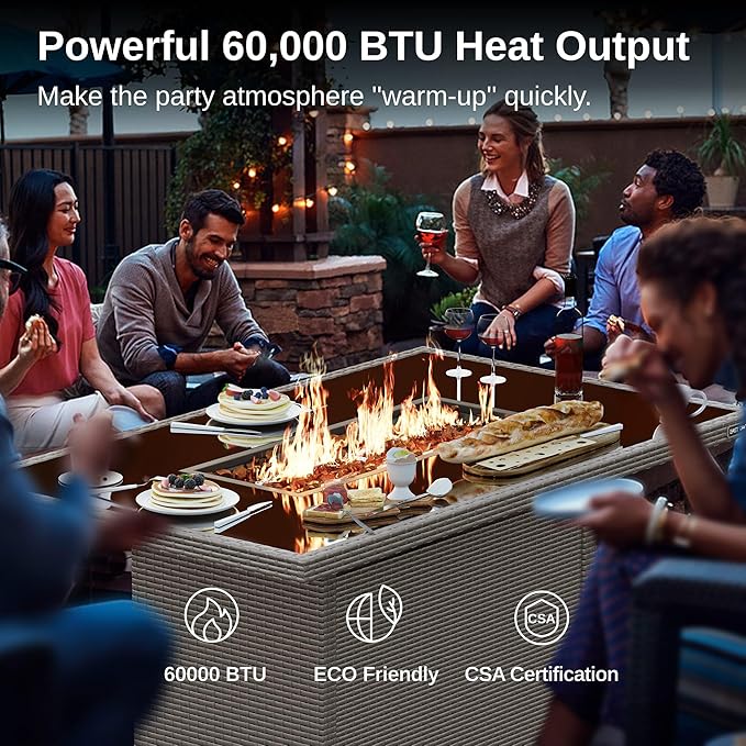 EAST OAK 44'' Propane Fire Pit Table, 60,000 BTU Gas Fire Table w/Aluminum Frame, H Type Burner and Tempered Glass Tabletop, CSA Listed Outdoor Patio Firepit, Fire Glass and Lid, Grey