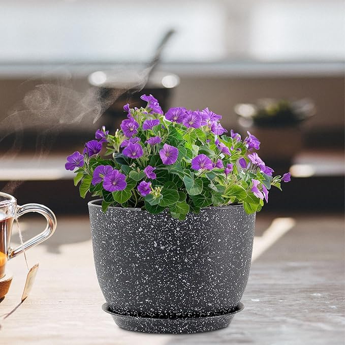 12 inch Big Plant Pots, Plastic Planters with Drainage Holes and Trays, Large Flower Pots for Indoor Outdoor Plants, Modern Decorative Pots for Garden House Plants, Speckled Black