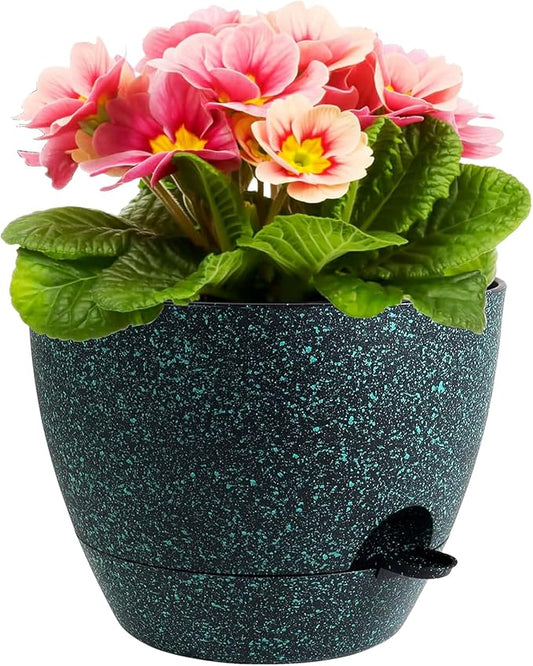 12 inch Large Self Watering Pots for Indoor Outdoor Plants, Flower Plant Pots with Mesh Drainage Holes for Garden House Plants, Plastic Planters for Home Plants, Black with Green Speckles