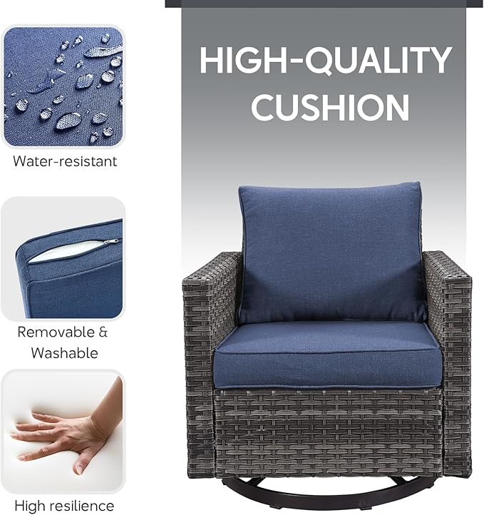 6 Piece Wicker Patio Furniture with Fire Pit Table - Outdoor Conversation Set with 50,000 BTU Fire Pit, All Weather Rattan Patio Set for Deck Backyard Garden - Grey Wicker Blue Cushion