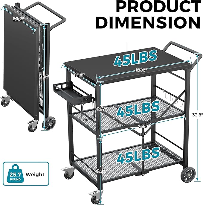 Ciokea Folding Outdoor Grill Cart with Wheels, 3-Shelf Grill Table with 27x18 in Table Top, Rolling Pizza Oven Stand, Metal Portable Cart for BBQ Patio Camping (All Black)