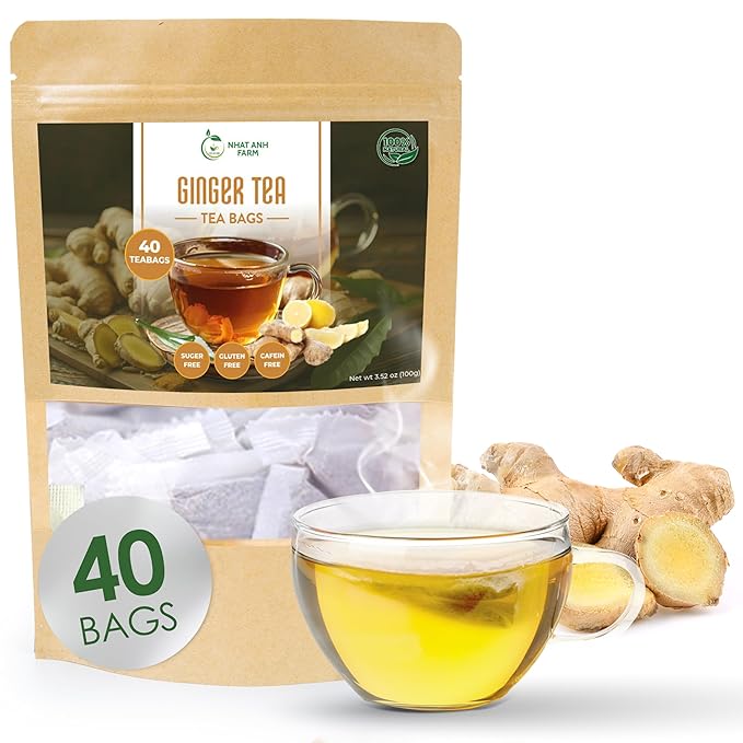 NHAT ANH FARM - Premium Ginger Tea Bags -Dried Ginger Root Tea Bags - 40 Teabags, 2.5g/bag. 100% Natural & Pure, Caffeine Free. Good for your health.