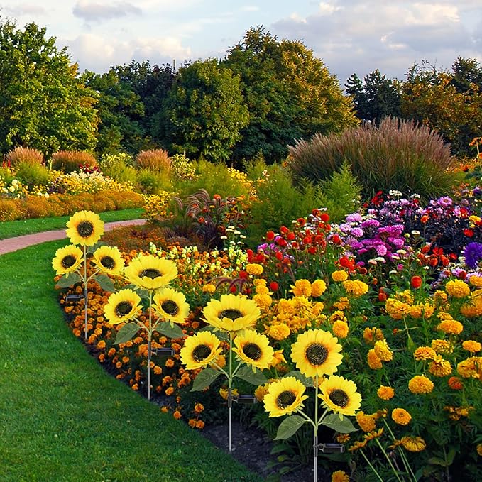 Solar Sunflower Lights, 800mA Solar Garden Light with Real Looking Flowers Outdoor Waterproof Solar Stake Lights for Back Yard, Flower Bed, Pathway, Patio, Porch, Spring Decoration (2 Pack)