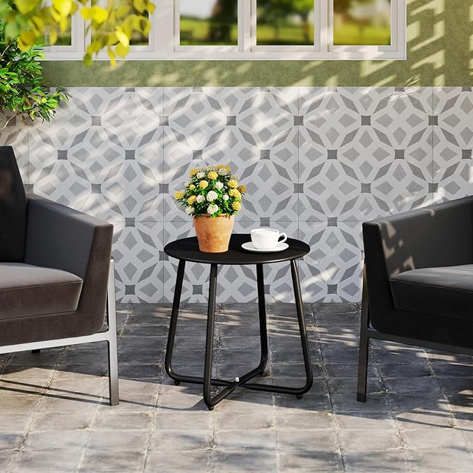 HollyHOME Round Metal Side Table, Rust-Resistant Patio Small Plant Stand, Outdoor 17.32'' Portable End Table for Balconies, Gardens, Living Rooms and Bedrooms, Black