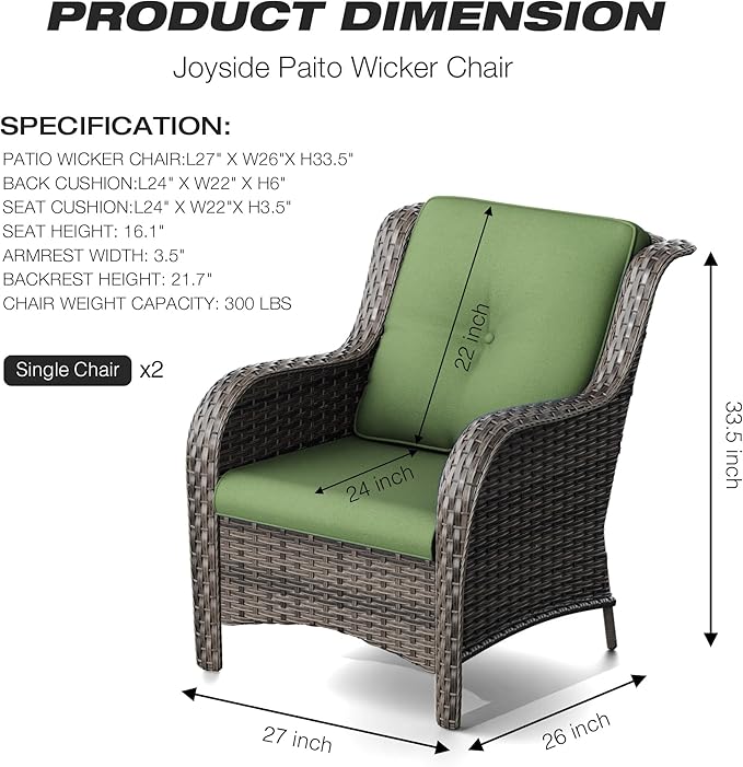 Joyside Outdoor Wicker Chair Rattan Patio Dining Chairs Set of 2 PE Wicker Patio Chairs with 4inch Seat Cushions Outdoor Patio Seating Chair for Garden, Backyard Deck(Mixed Grey/Green)