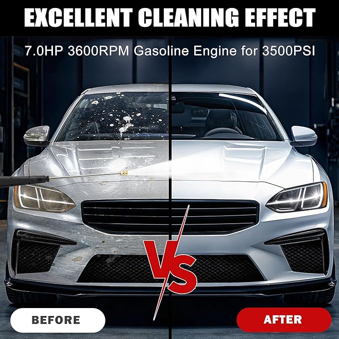 Gas Pressure Washer, 3950 PSI and 2.6 GPM, 7HP Engine with Copper Pump, 25FT Hose and Foam Cannon, 4 Nozzles, for Cars, Driveways, Fences