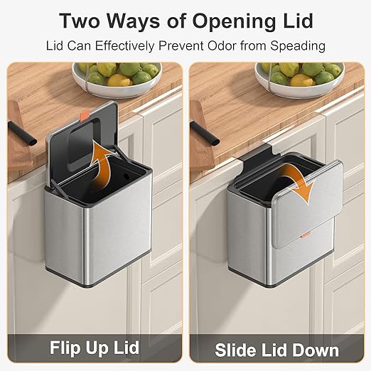 Mbillion Kitchen Compost Bin Hanging Trash Can with Lid 1.05 Gallon Stainless Steel Garbage Can for Kitchen Cabinet Door Mounted Trash Can Under Sink Door RV Bathroom,Silver