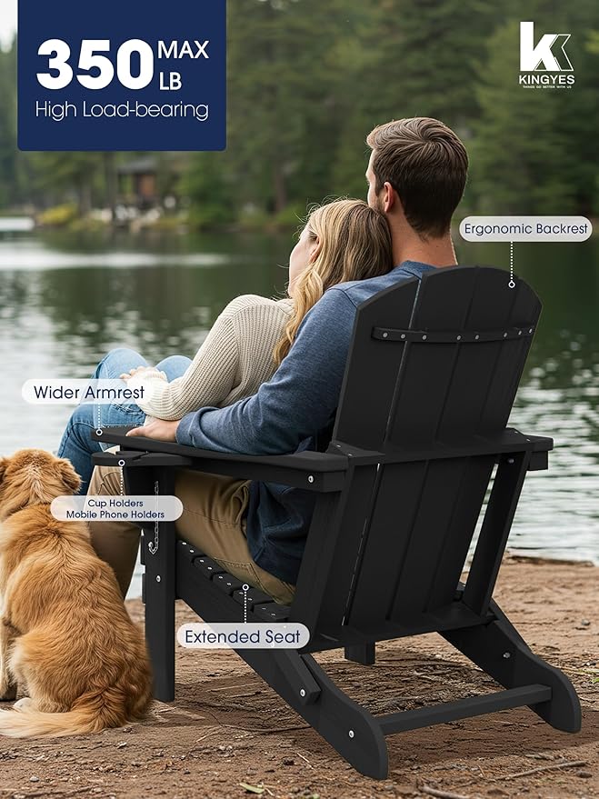 KINGYES Folding Adirondack Chair Set of 6, Dual Cup Holders & All-Weather HDPE, Wood-Like Patio Chair for Backyard, Camping, Pool & Fire Pit, Black