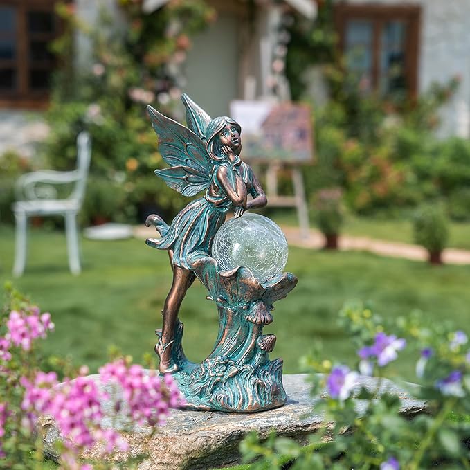 TERESA'S COLLECTIONS Fairy Garden Statues Outdoor Solar Light for Outdoor Decor, Patina Bronze Fairy Resin Garden Decor Sculptures with Crackle Glass, Lawn Ornaments Yard Decor Gifts for Mom, 12.4"