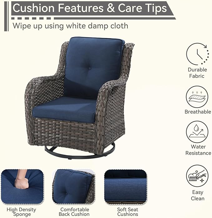 Outdoor Swivel Rocker Patio Chair - Outdoor Wicker Patio Glider Chair with Olefin Fabric Cushions Suitable for Backyard Deck and Porch, Blue