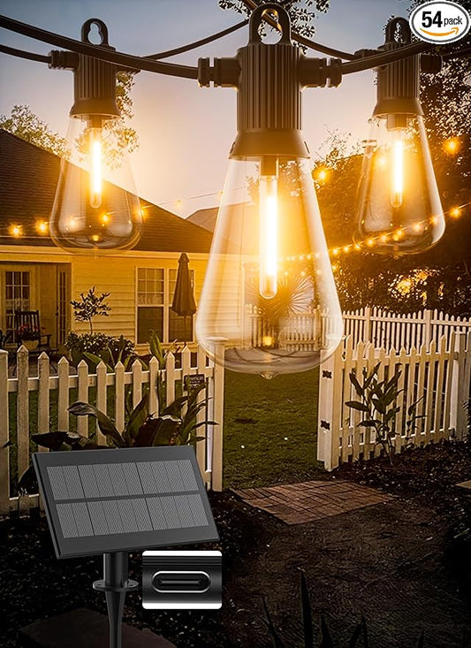 Solar String Lights Outdoor Waterproof 100FT with USB Port and 52 Shatterproof ST38 Bulbs(2 Spare), LED Solar Powered Patio Lights for Outside, Porch, Backyard, Gazebo, Garden(Warm White)