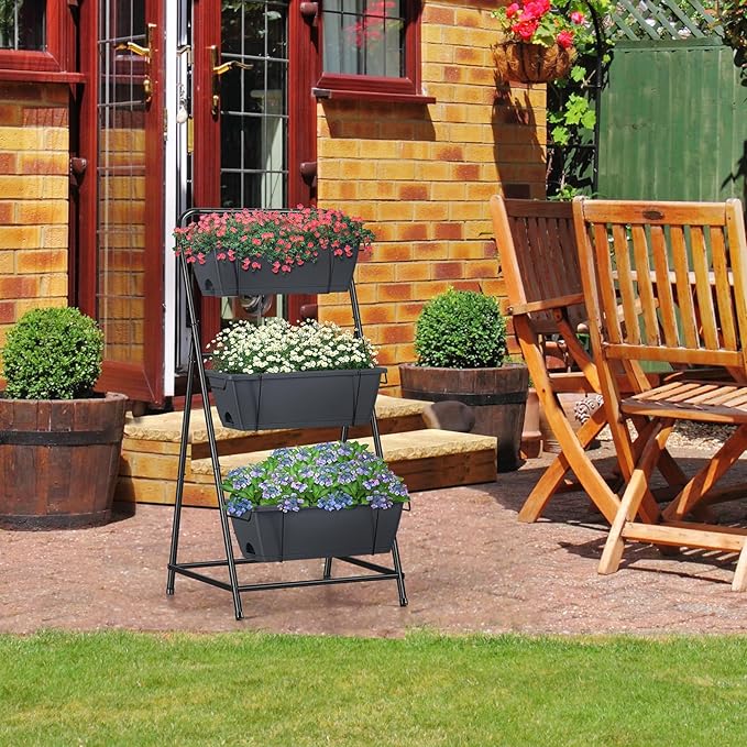 Vertical Garden Planter 3 Tier Raised Garden Bed Herb Planter Outdoor Standing Garden Planter Box with Drainage Holes Removable Tray for Patio Balcony Porch Grey