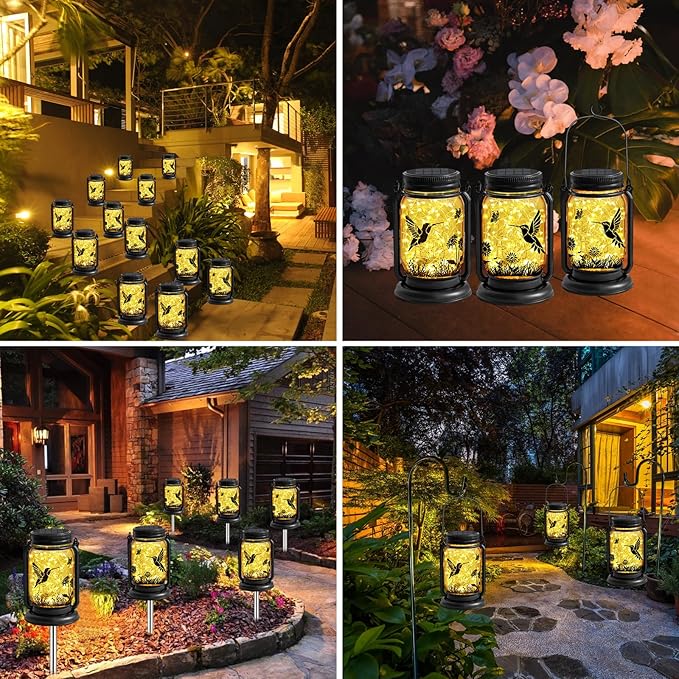 YJFWAL Hummingbird Solar Lanterns Outdoor Waterproof -Birthday, Mothers Day Gifts for Women Mom Grandma, Mason Jar Garden Lights for Patio, Yard, Porch, Balcony, Durable Garden Decor