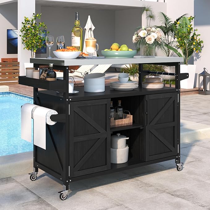 50.25" W Grill Cart with Stainless Steel Tabletop - Outdoor Storage Cabinet for BBQ, Bar Patio Kitchen Island with Ample Storage and Lockable Wheels