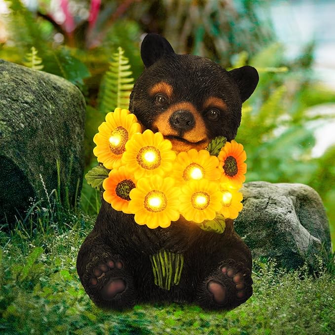 ILLUMINEW Solar Garden Lights Outdoor Statues Black Bear with Sunflowers, Sculpture Decor Mother Gifts for Women, Men or Daughter, Unique Garden Statues for Housewarming Gifts