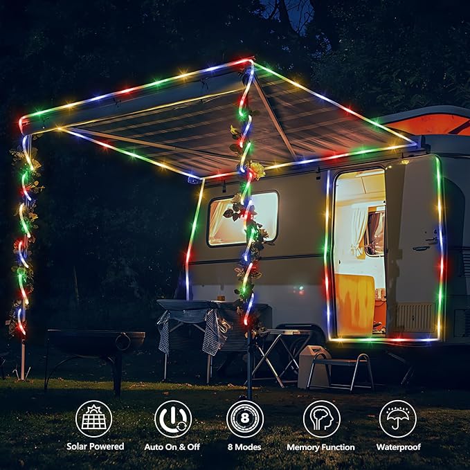 Solar Rope Lights, 2 Packs 66ft 200LED Solar String Lights, 8 Modes Waterproof Solar Powered Outdoor Light, Flexible Clear Tube Light for Garden Backyard Patio Deck Pool Tree Decorations- Multicolor