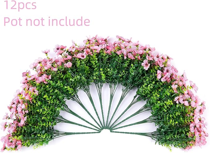 Artificial Flowers for Outdoor Indoor Garden Home Decoration, Faux Flower Daisy with Eucalyptus Leaves Fake Plants Greenery Boxwood Porch Patio, 12 Bundles (Pink)