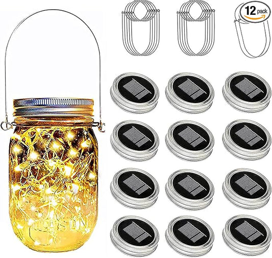 Solar Mason Jar Lights Lids, 12 Pack 30 Led Fairy Lights(Jars Not Included), Outdoor Hanging Mason Jar Solar Lights, Fairy in a Jar Firefly Lights for Patio Garden Table Decor Gifts