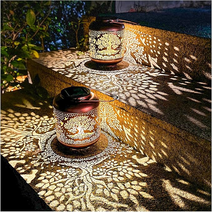 2 Pack Tree of Life Outdoor Solar Hanging Lanterns Waterproof LED Solar Lights Metal Decorative Lanterns for Garden, Patio, Courtyard, Backyard, Yard Decor Unique Tree of Life Gifts for Women
