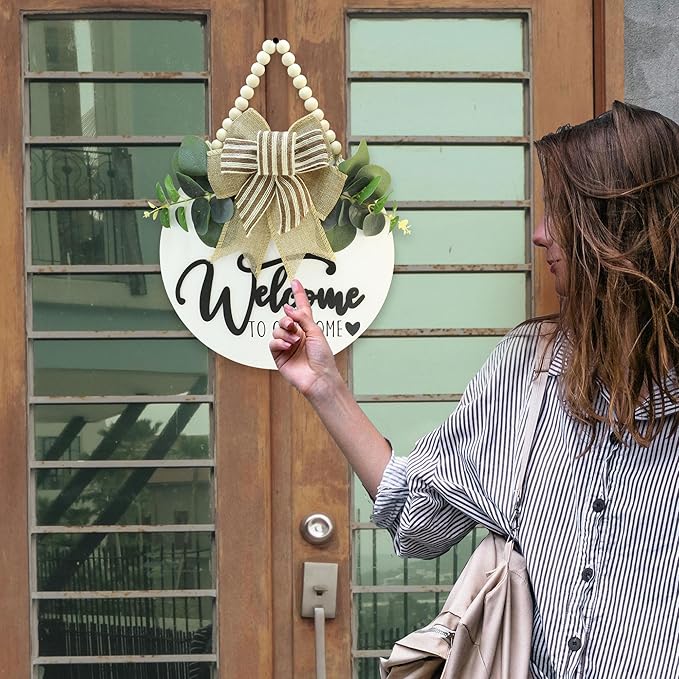 3D Welcome Sign for Front Door |Home/Farmhouse Porch Décor Wooden Hanging Sign with Artificial Leaves and Rustic Beads | Christmas Classroom |12" Round|White