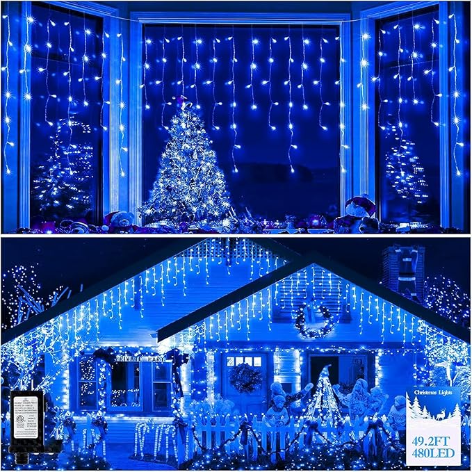 480 LED 49FT Christmas Lights Plug in 8 Modes with Timer Dimmable Christmas Decorations Outdoor Waterproof Indoor Curtain String Lights for Roof Porch Garden Holiday Wedding Party Decor Blue