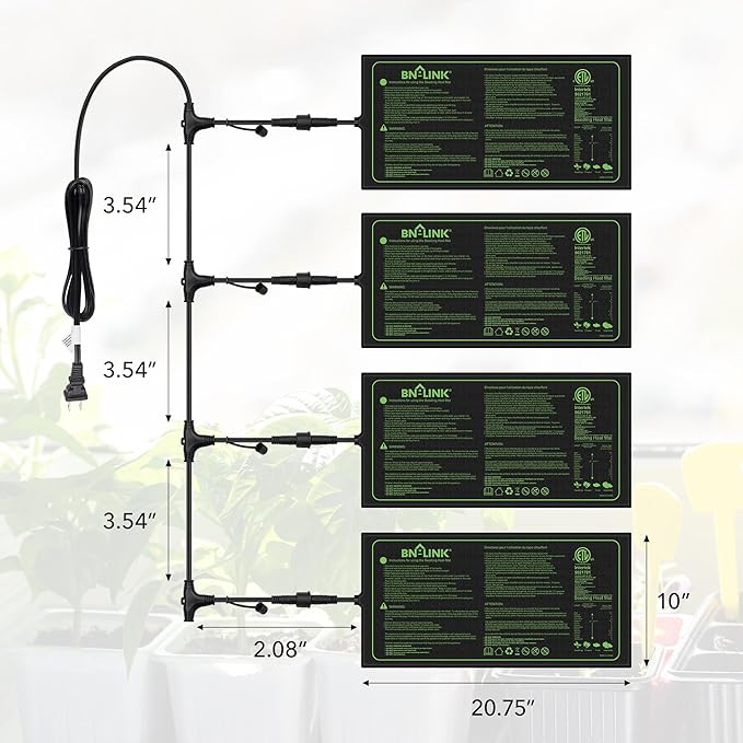 BN-LINK Seedling Heat Mat 10" x 20.75" 4 Pack Daisy Chainable Warm Hydroponic Heating Pad Waterproof for Seed Starting Germination, Indoor Gardening, Greenhouse