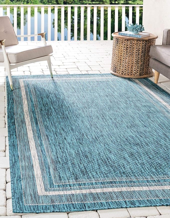 Unique Loom Outdoor Border Collection Area Rug - Soft Border (4' 1" x 6' 1" Rectangle, Teal/ Ivory)
