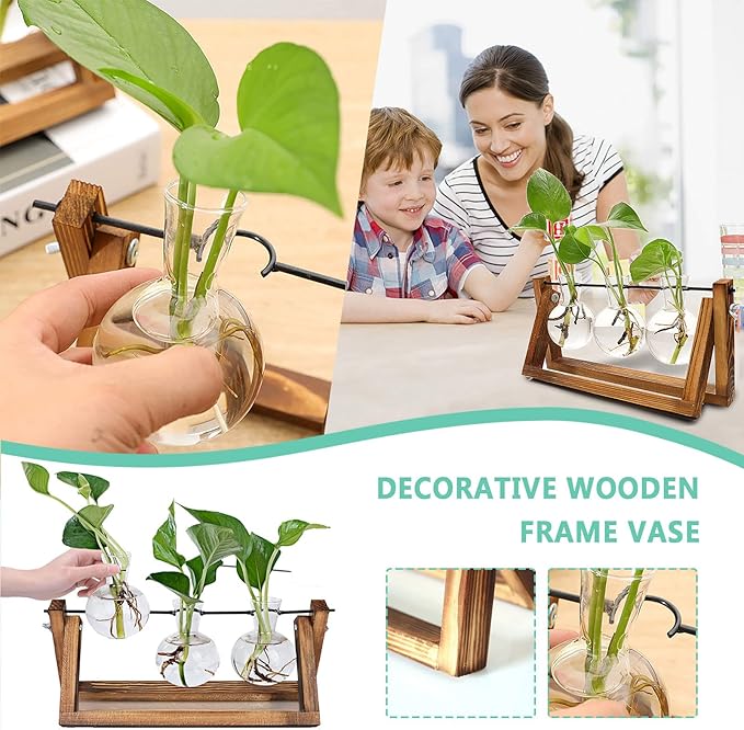 Kingbuy Desktop Glass Planter Iron and Wooden Stand Plant Terrariums for Indoor Office Desk Decor Accessories, 3 Bulb Vases, Brown
