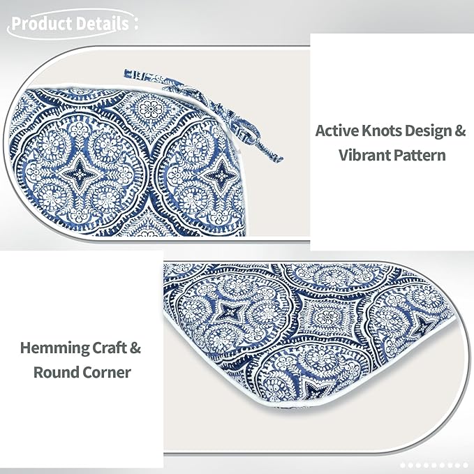 Indoor/Outdoor Chair Cushions 16x17 Inch, Patio Chair Cushions with Ties, All Weather Seat Cushions for Patio Furniture Home Garden Chair Use, Set of 2,Medallion Blue