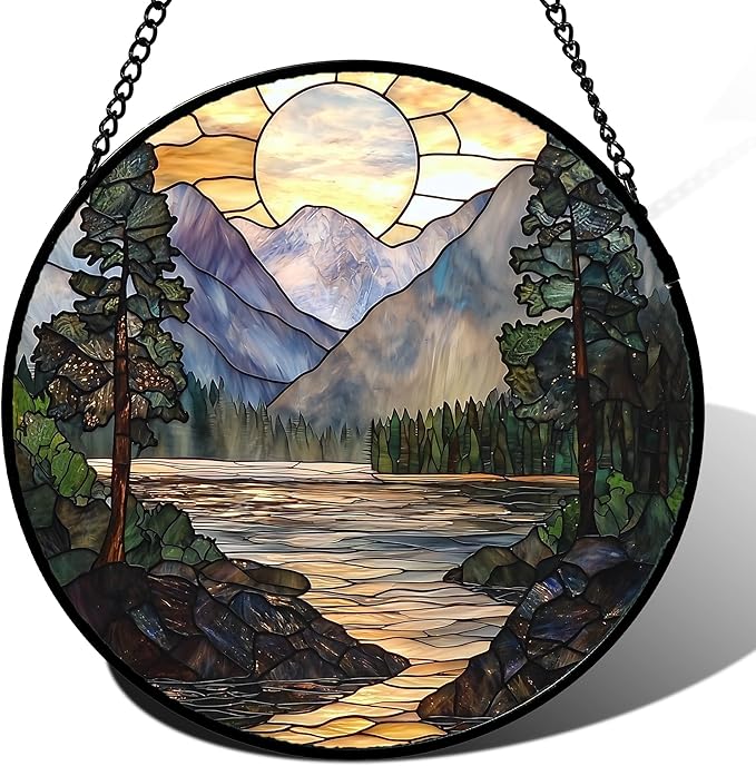 Stained Glass Window Hanging, Sunset Mountains Lake Tree Sun Catcher for Window Home Decor Landscape Suncatcher Mother's Day Birthday Gifts for Women Men Mom and Nana 11.8 in
