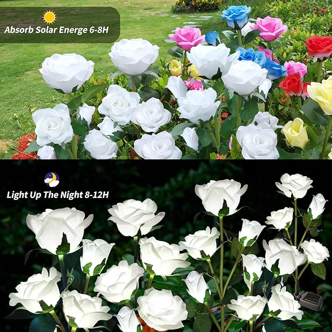 Solar Garden Lights, Solar Outdoor Lights with More Realistic 10 Rose Waterproof Solar Powered Flowers Lights for Outside Patio Yard Pathway Decorations, 2 Pack White